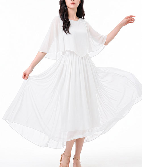 White chiffon dress with flowing skirt and cape sleeves