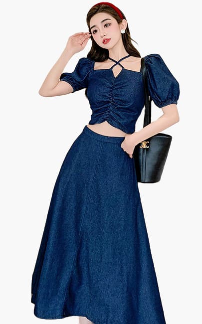 4✮- NIFRM25457 - Denim Midi Dress (Crop Top+Skirt)