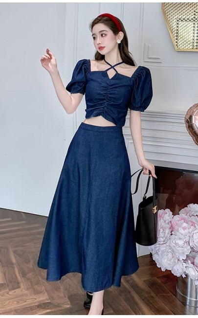 4✮- NIFRM25457 - Denim Midi Dress (Crop Top+Skirt)