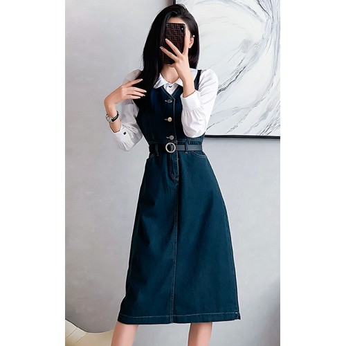 4✮- OTFMY14220 - Denim Midi Dress (Shirt / Denim Pinafore)