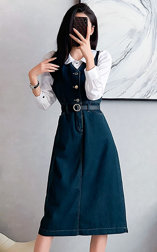 4✮- OTFMY14220 - Denim Midi Dress (Shirt+Denim Pinafore)