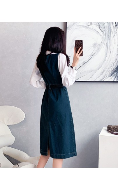 4✮- OTFMY14220 - Denim Midi Dress (Shirt+Denim Pinafore)
