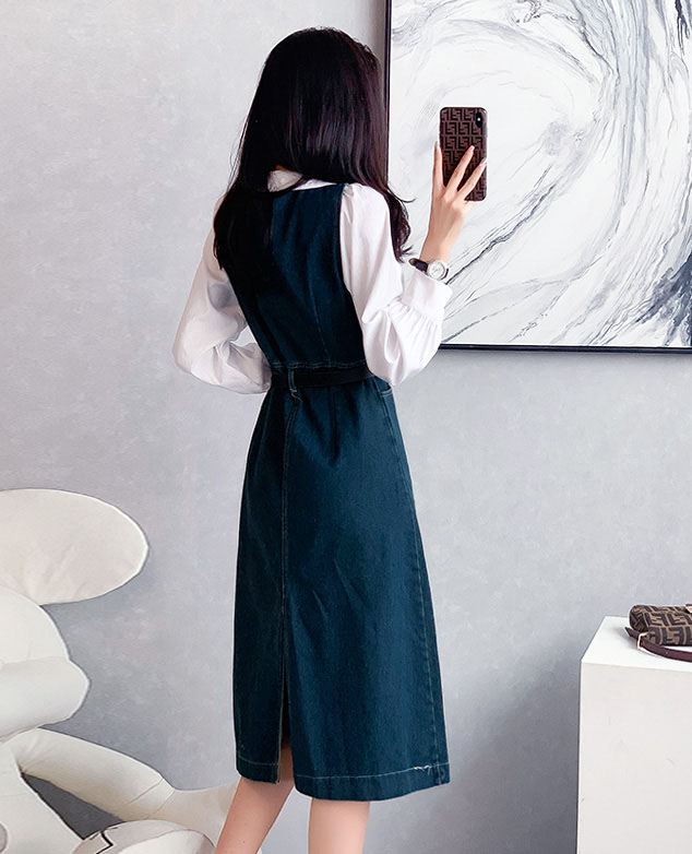 4✮- OTFMY14220 - Denim Midi Dress (Shirt+Denim Pinafore)