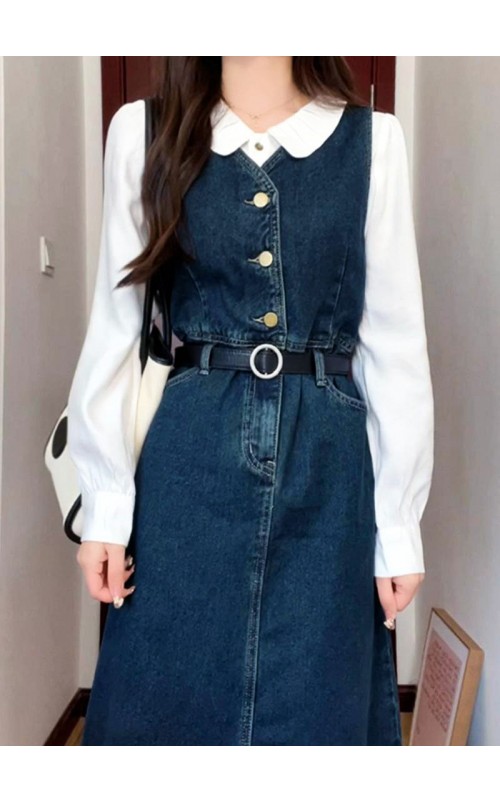 4✮- OTFMY14220 - Denim Midi Dress (Shirt+Denim Pinafore)
