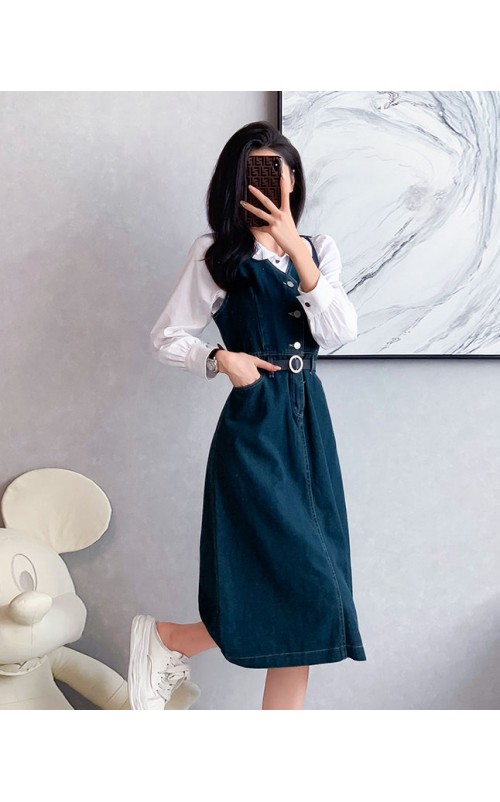 4✮- OTFMY14220 - Denim Midi Dress (Shirt+Denim Pinafore)