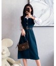 4✮- OTFMY14220 - Denim Midi Dress (Shirt+Denim Pinafore)
