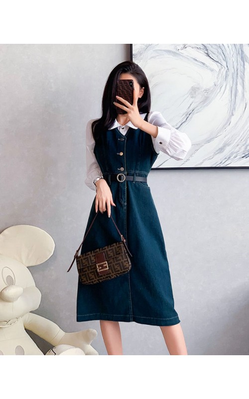 4✮- OTFMY14220 - Denim Midi Dress (Shirt+Denim Pinafore)