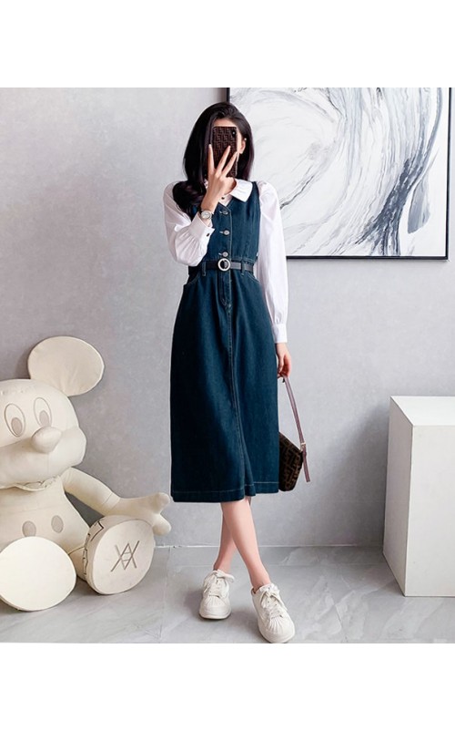 4✮- OTFMY14220 - Denim Midi Dress (Shirt+Denim Pinafore)