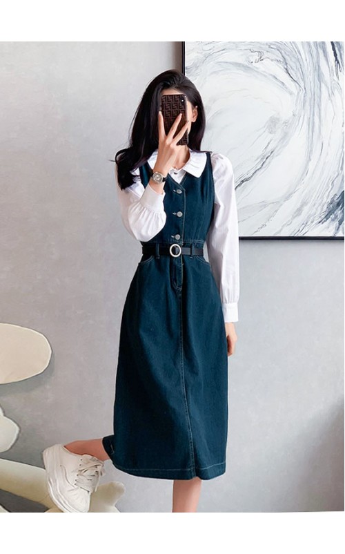 4✮- OTFMY14220 - Denim Midi Dress (Shirt+Denim Pinafore)